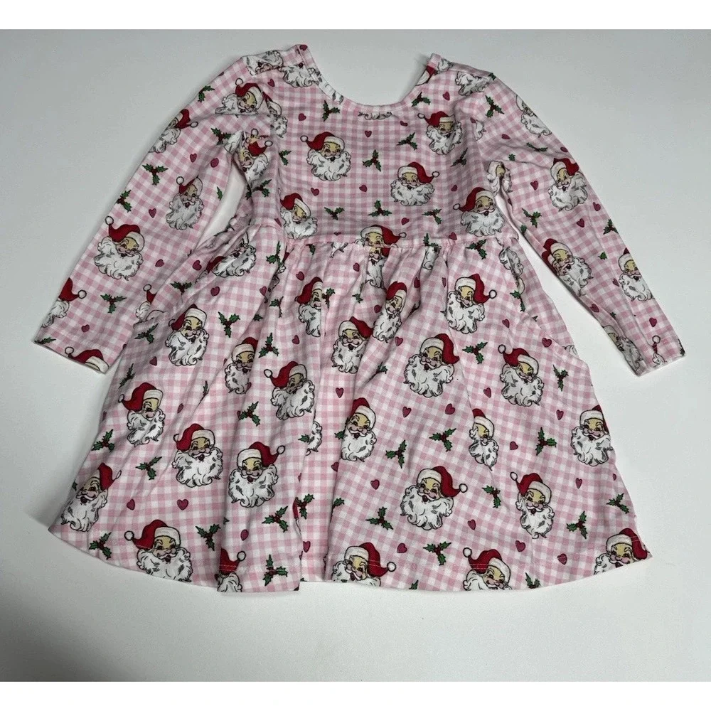 Ruffle Butts Santa Holly Berry Christmas Print Dress Pink Bow Size 3T Girls